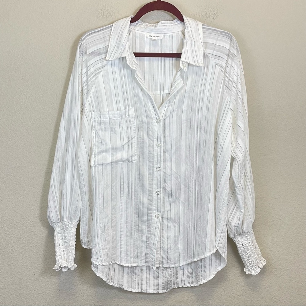 Blu Pepper Striped Smocked Cuffs‎ Relaxed Fit Button Down Shirt White Size M